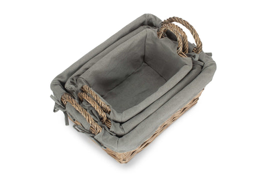 Antique Wash Willow Tapered Storage Baskets with Grey Sage Lining Set 3