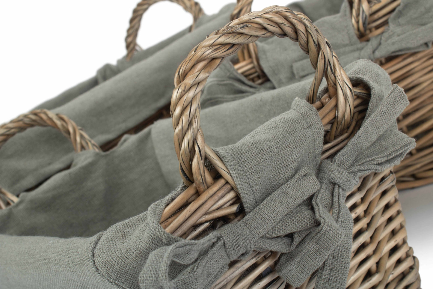 Antique Wash Willow Tapered Storage Baskets with Grey Sage Lining Set 3