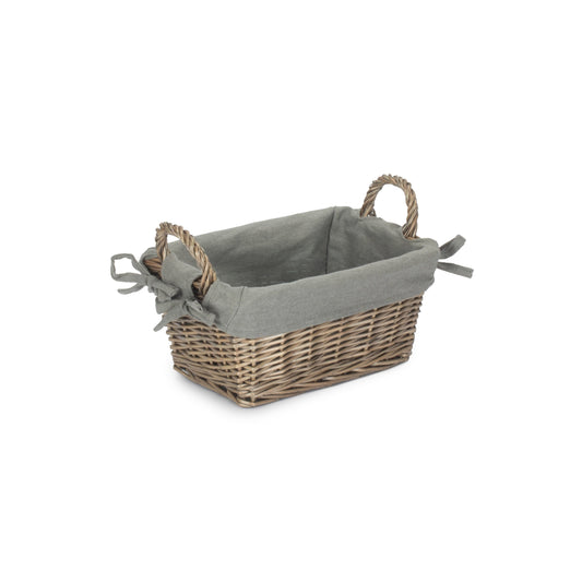Small Antique Wash Willow Tapered Storage Basekt with Grey Sage Lining