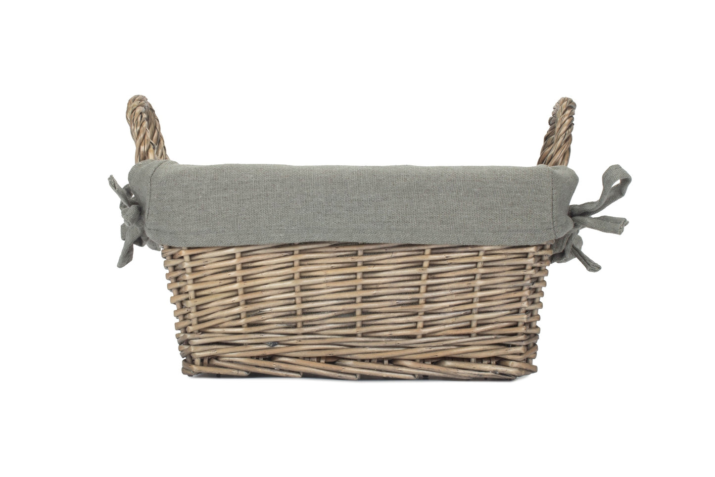 Small Antique Wash Willow Tapered Storage Basekt with Grey Sage Lining