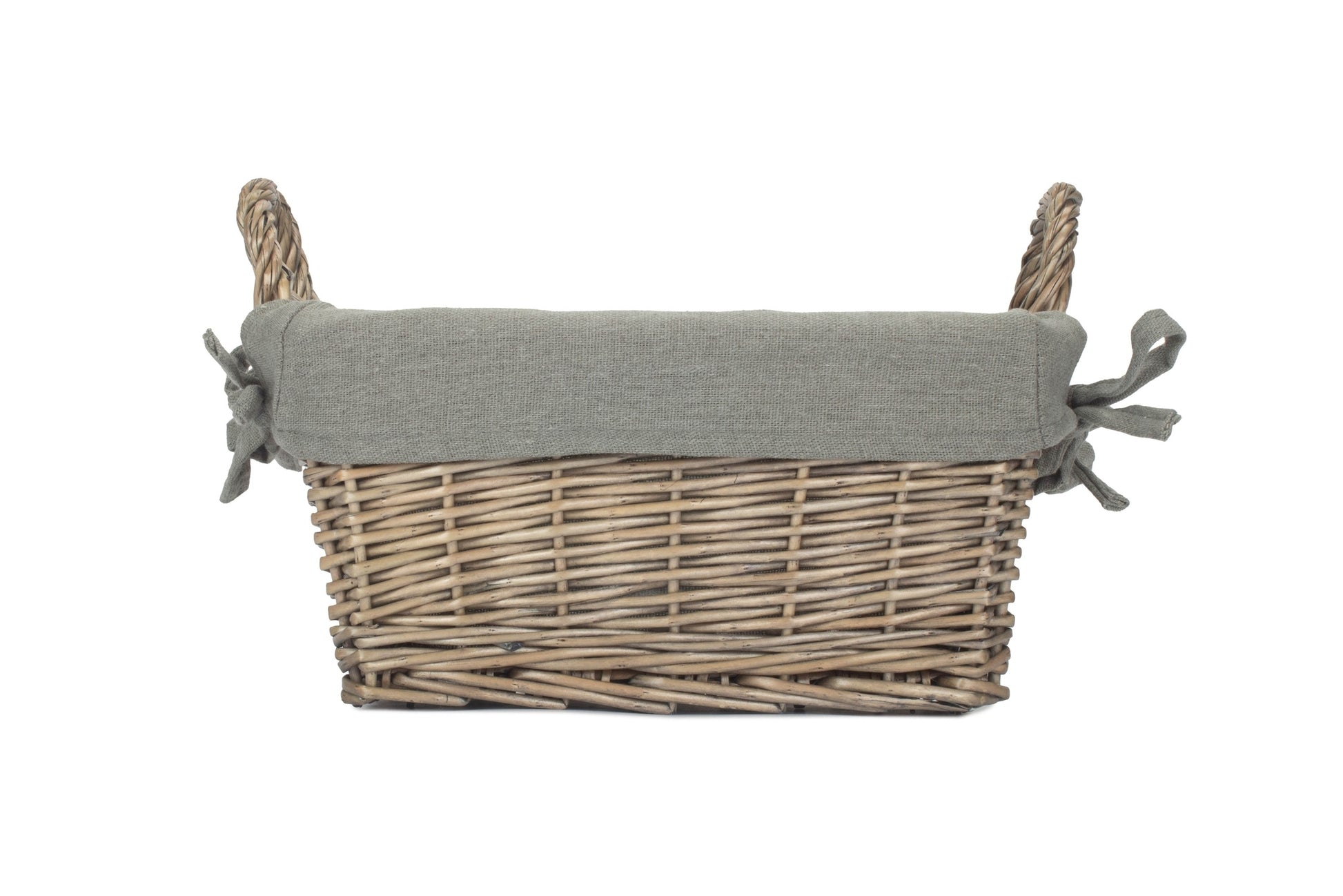 Small Antique Wash Willow Tapered Storage Basekt with Grey Sage Lining