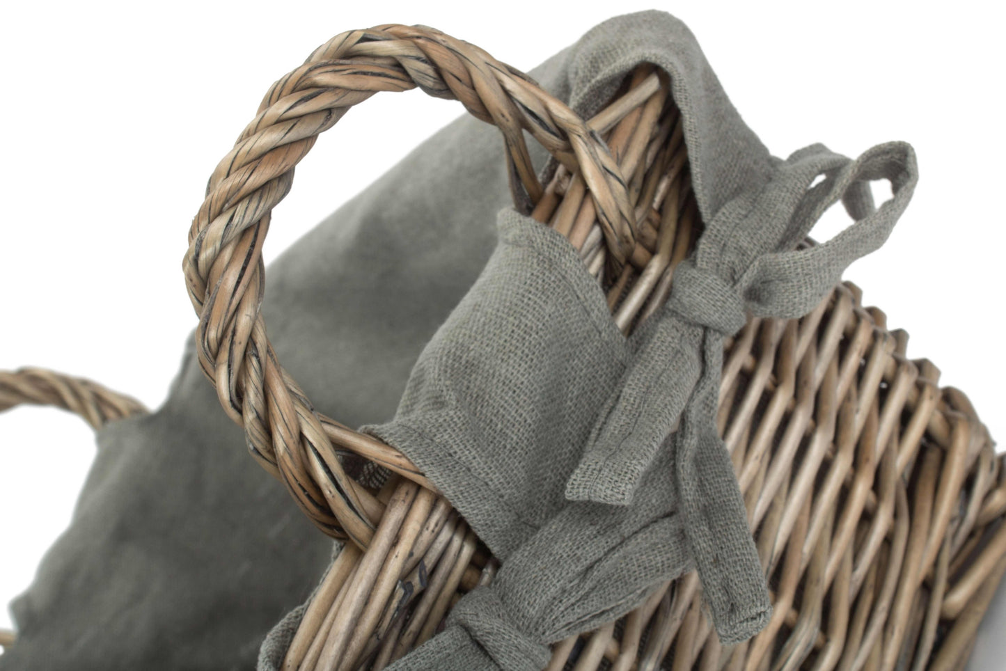 Small Antique Wash Willow Tapered Storage Basekt with Grey Sage Lining