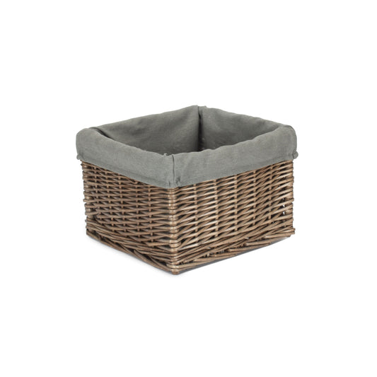 Small Square Antique Wash Willow Storage Basket with Grey Sage Lining