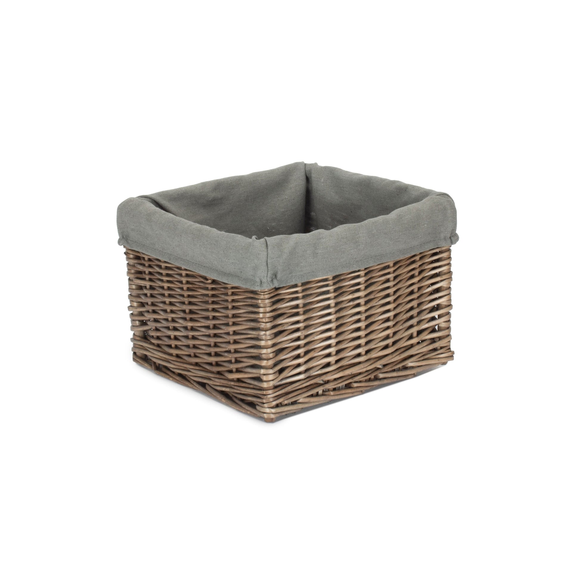 Small Square Antique Wash Willow Storage Basket with Grey Sage Lining
