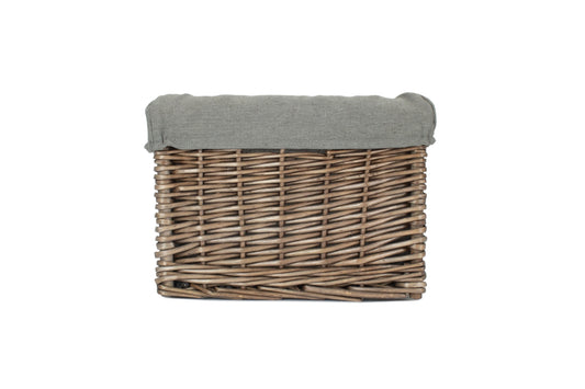 Small Square Antique Wash Willow Storage Basket with Grey Sage Lining
