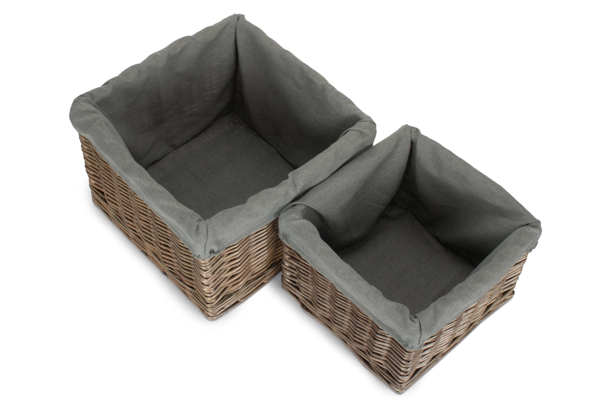 Square Antique Wash Willow Storage Basket with Grey Sage Lining Set 2