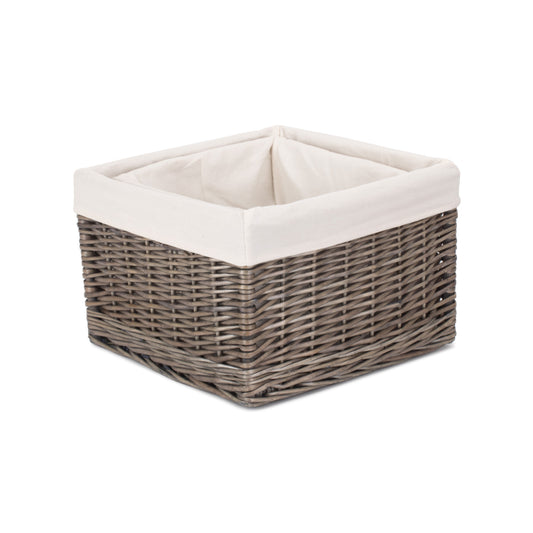 Square Antique Wash Willow Storage Basket with White Lining Set 2