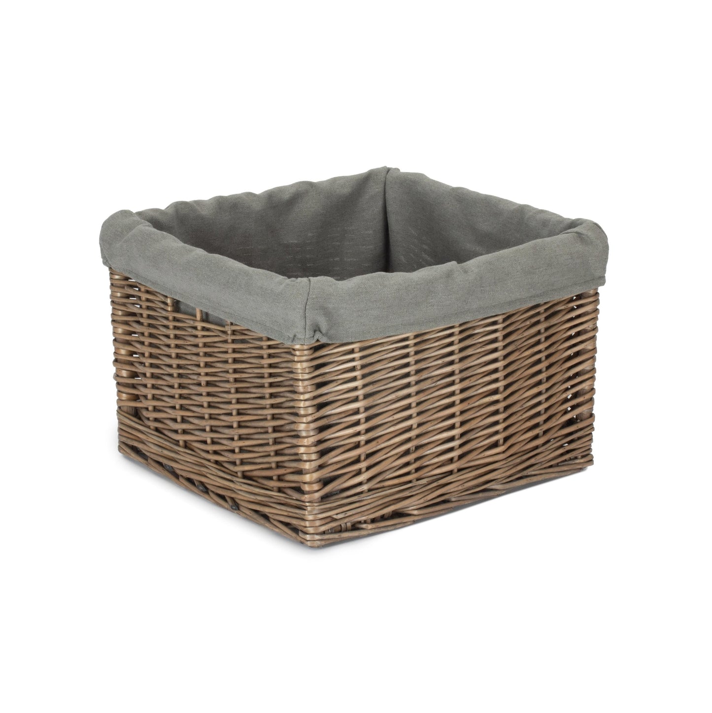 Medium Square Antique Wash Willow Storage Basket with Grey Sage Lining
