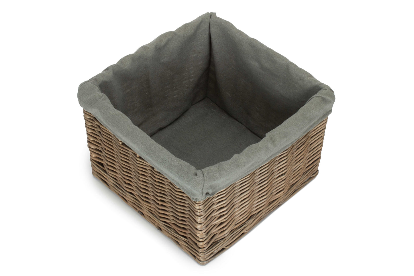 Medium Square Antique Wash Willow Storage Basket with Grey Sage Lining