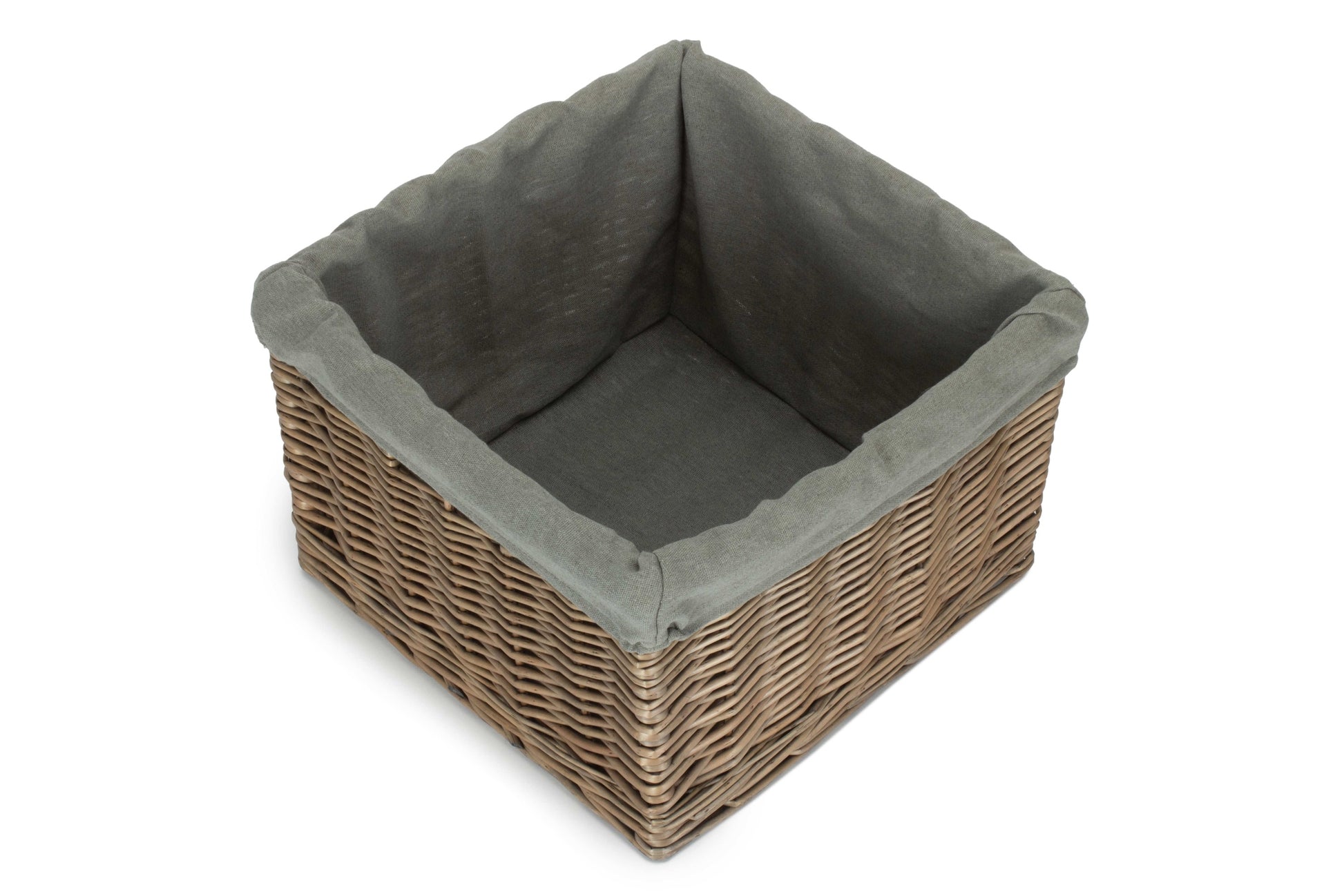 Medium Square Antique Wash Willow Storage Basket with Grey Sage Lining