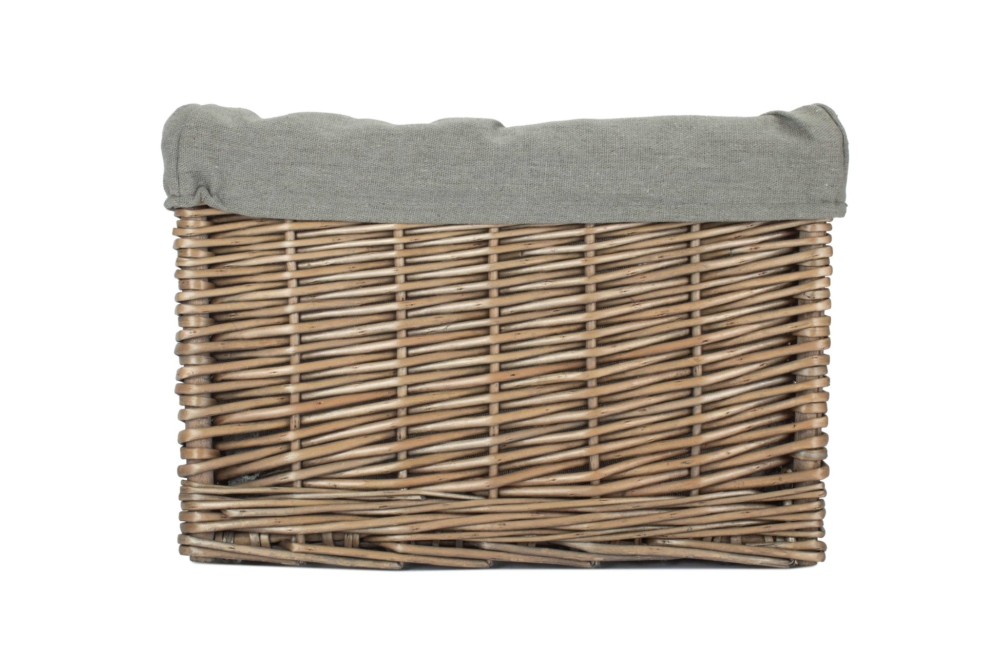 Medium Square Antique Wash Willow Storage Basket with Grey Sage Lining