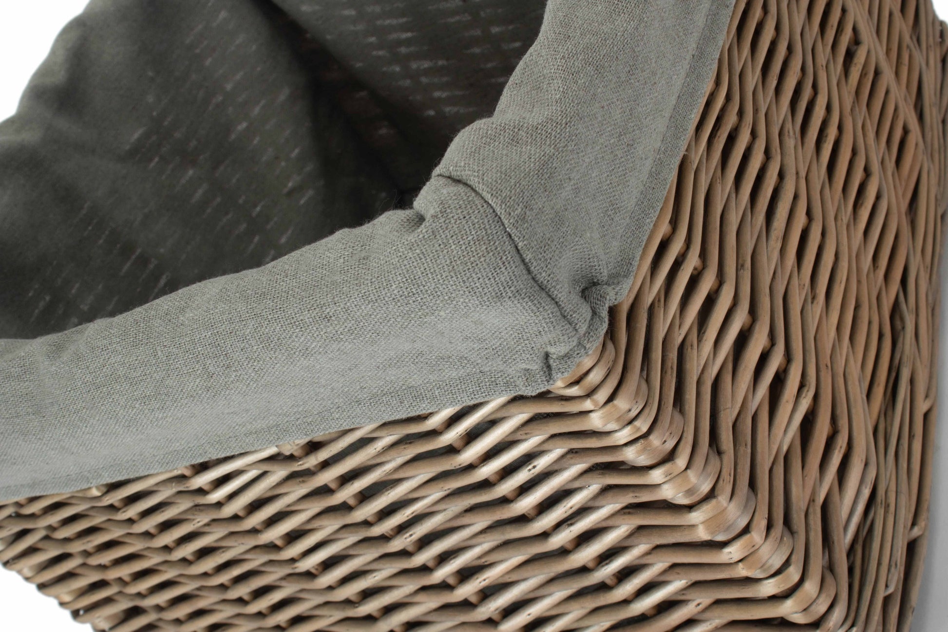 Medium Square Antique Wash Willow Storage Basket with Grey Sage Lining