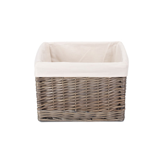 Medium Square Antique Wash Willow Storage Basket with White Lining