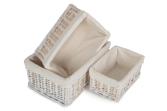 White Wash Wicker Storage Basket with Lining Set 3