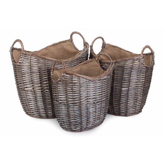 Scoop Neck Antique Wash Hessian Lined Basket Set 3