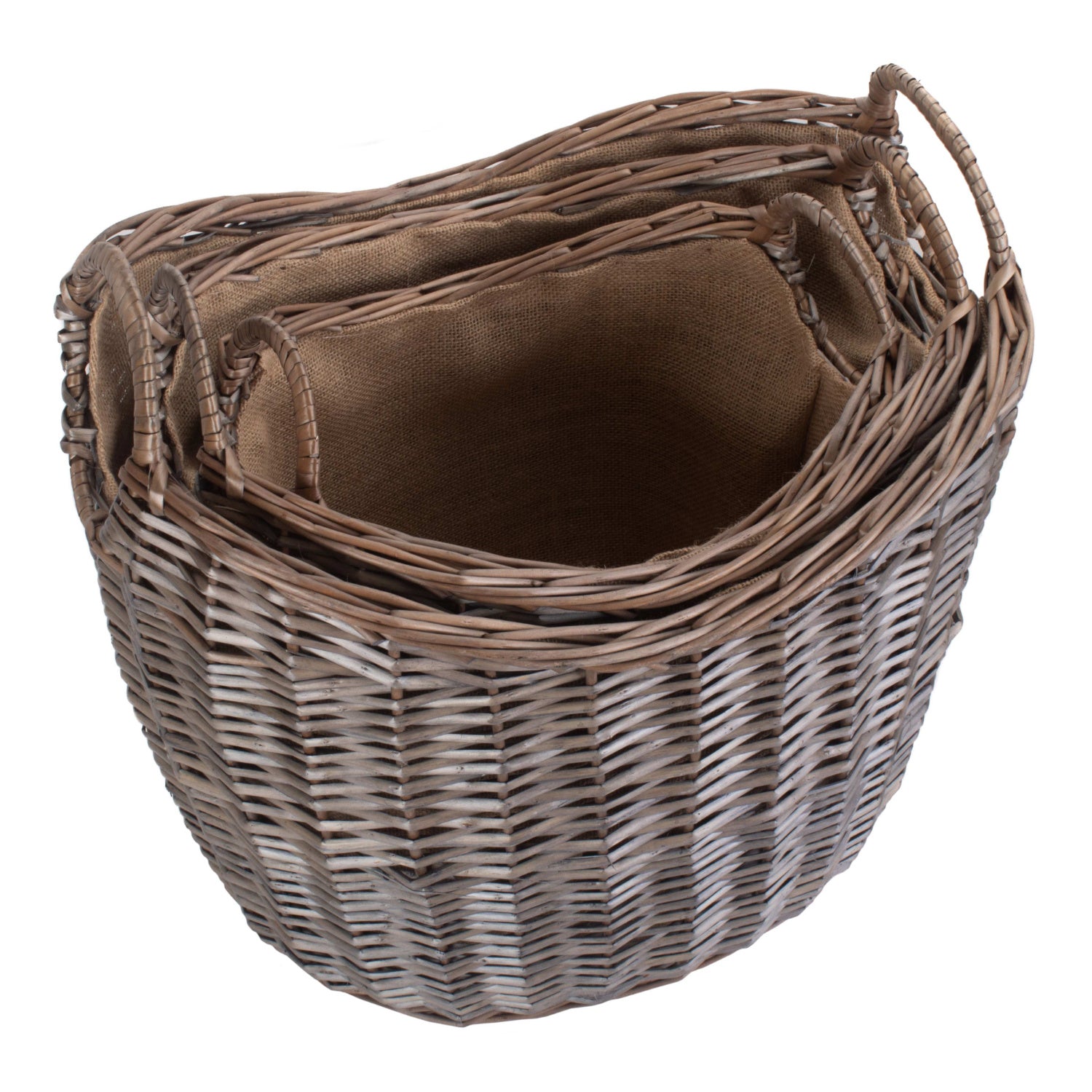 Scoop Neck Antique Wash Hessian Lined Basket Set 3