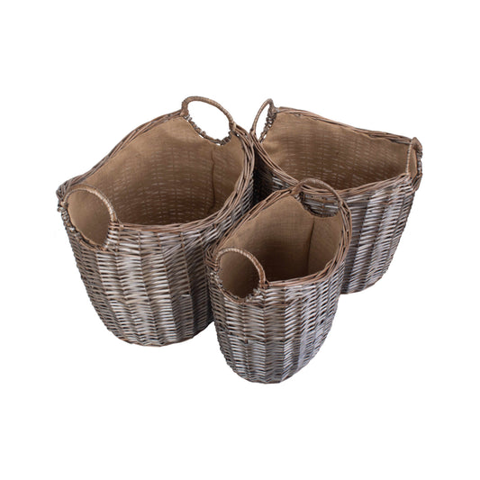 Scoop Neck Antique Wash Hessian Lined Basket Set 3