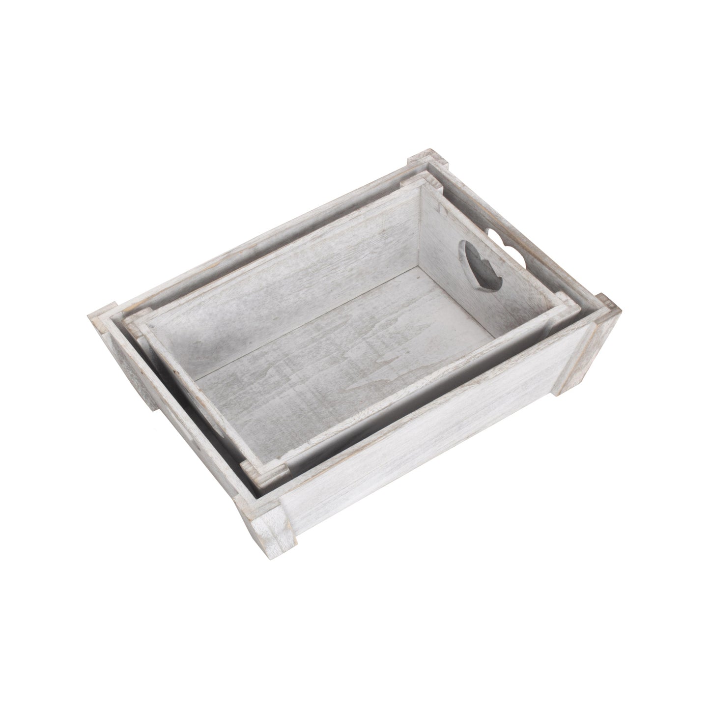 Vintage White Wash Heart Cut-Out Tray Set 2