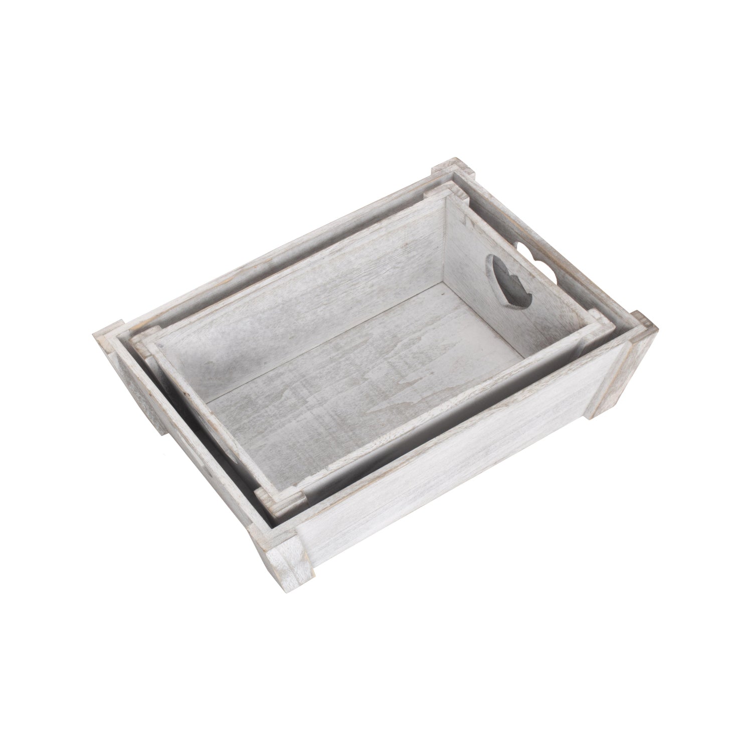 Vintage White Wash Heart Cut-Out Tray Set 2