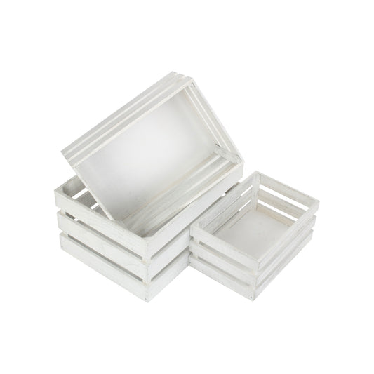 Vintage White Wash Slatted Wooden Crate Set 3