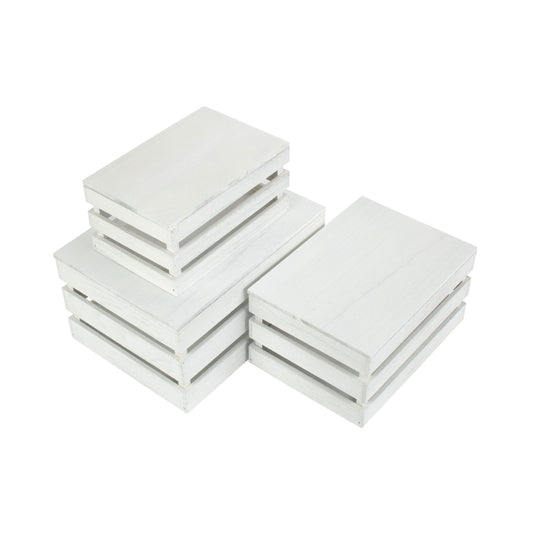 Vintage White Wash Slatted Wooden Box with Lid Set 3