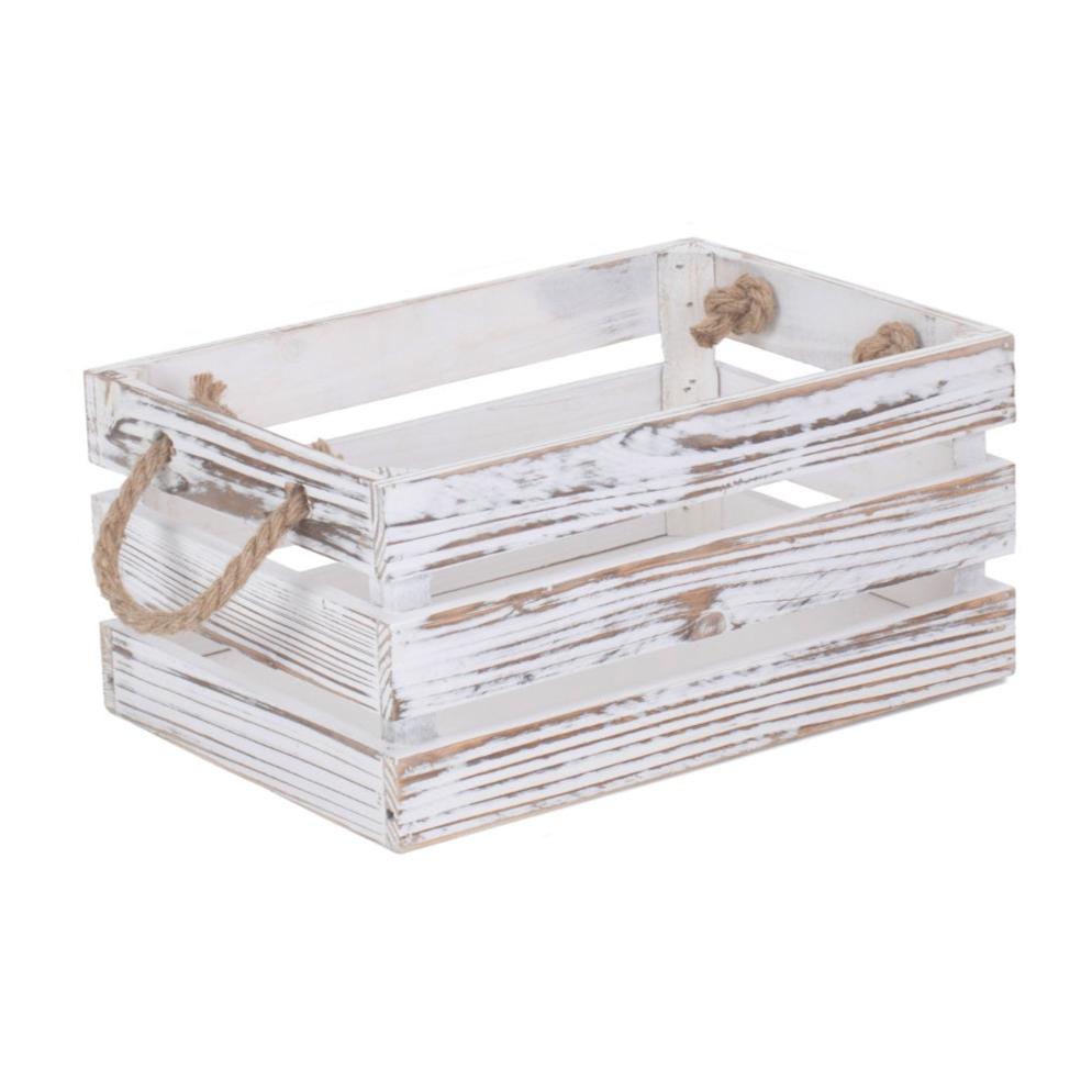 Small Distressed White Washed Rope Handled Crate