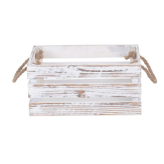 Small Distressed White Washed Rope Handled Crate