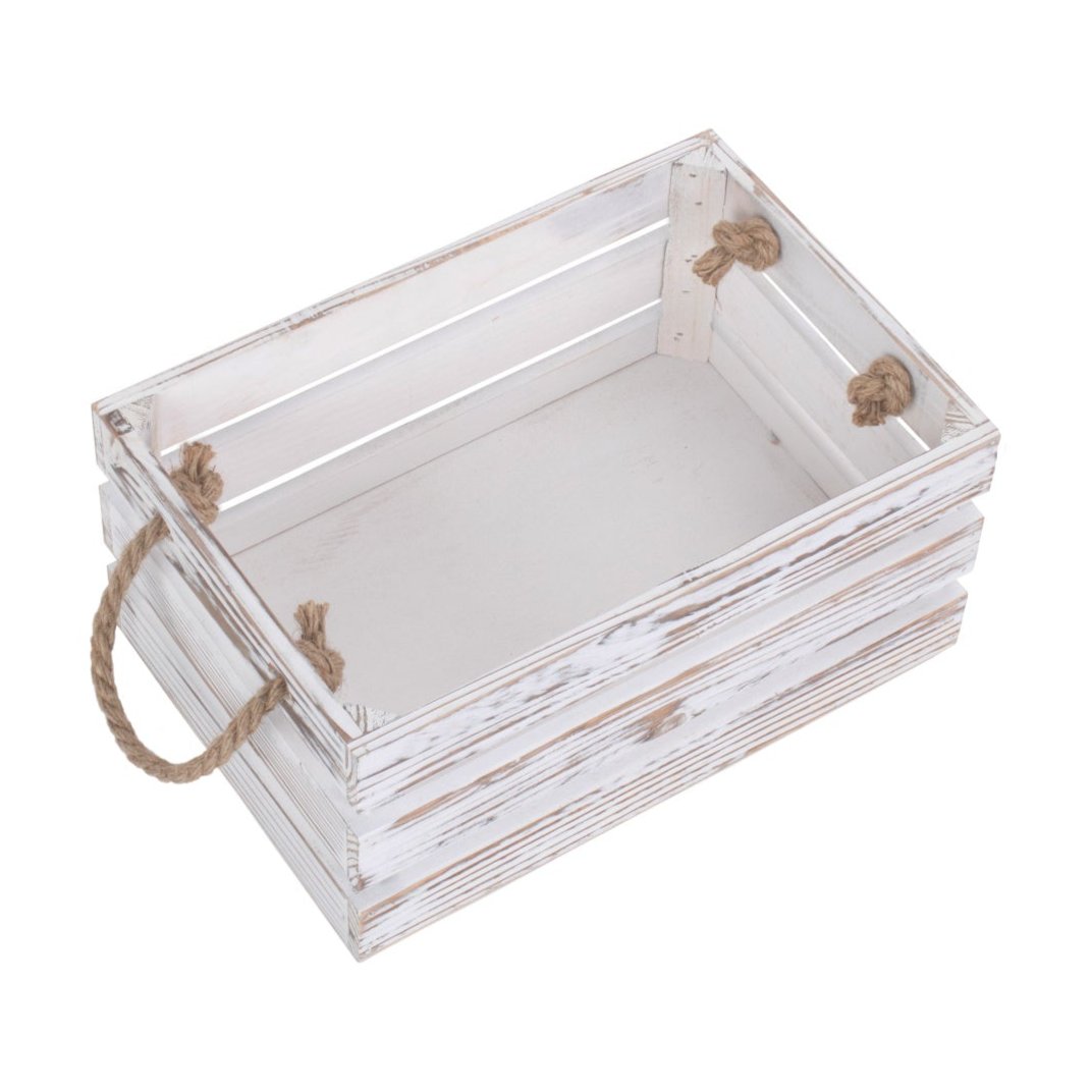 Small Distressed White Washed Rope Handled Crate
