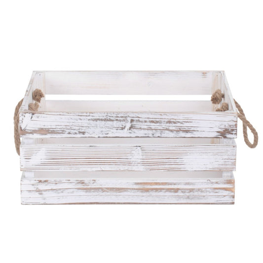 Large Distressed White Wash Rope Handled Crate