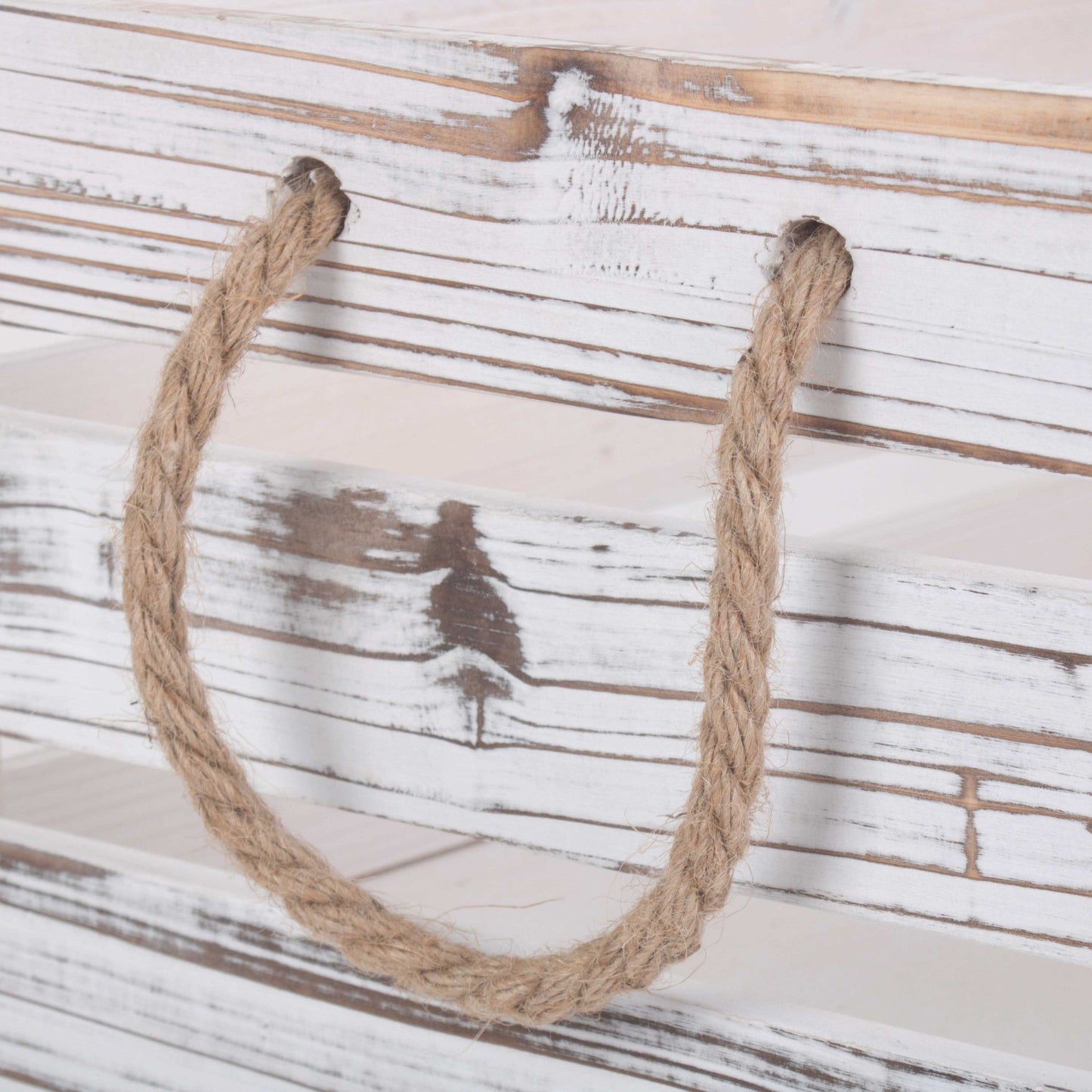 Large Distressed White Wash Rope Handled Crate
