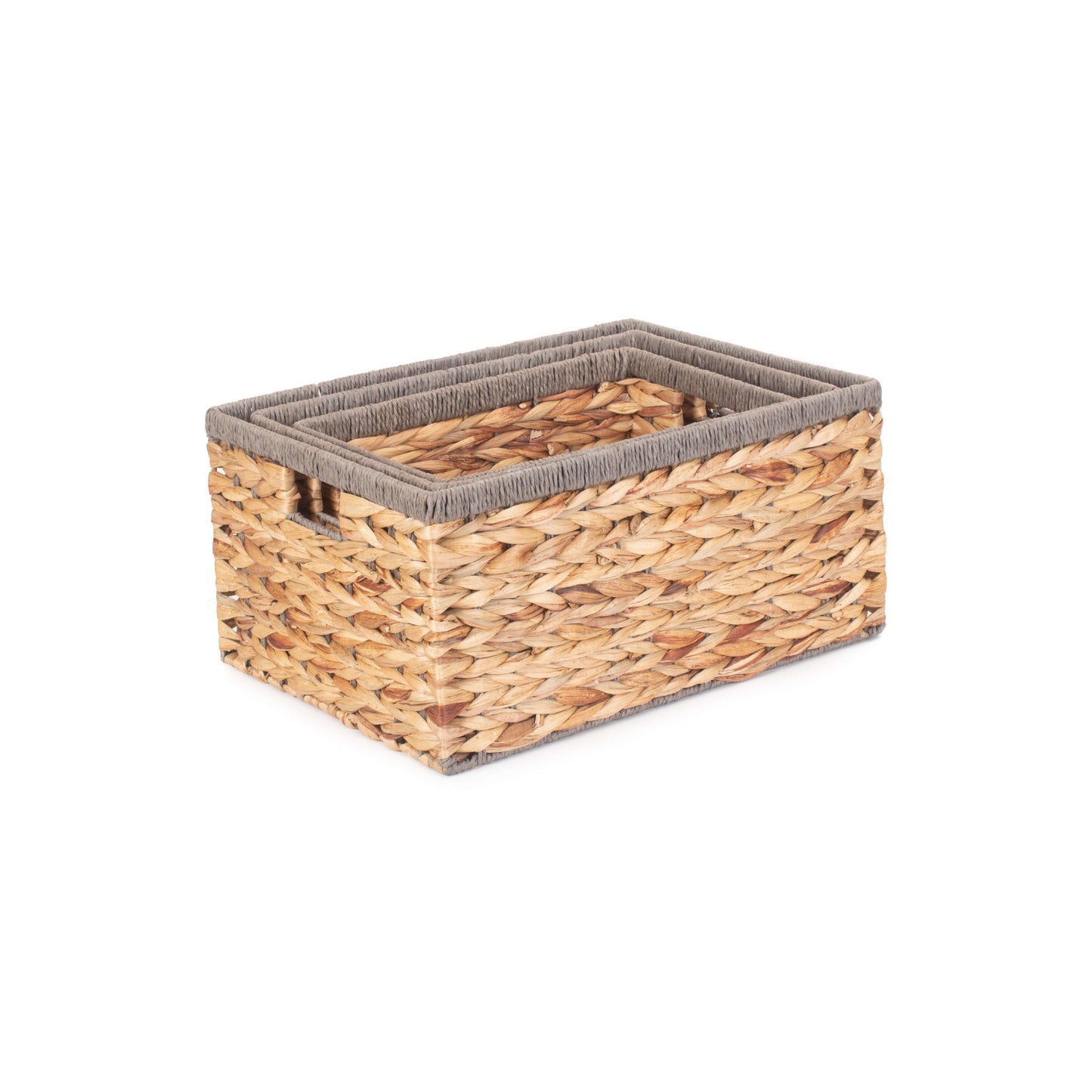 Water Hyacinth Rectangular Storage Basket Set 3 With Grey Rope Border