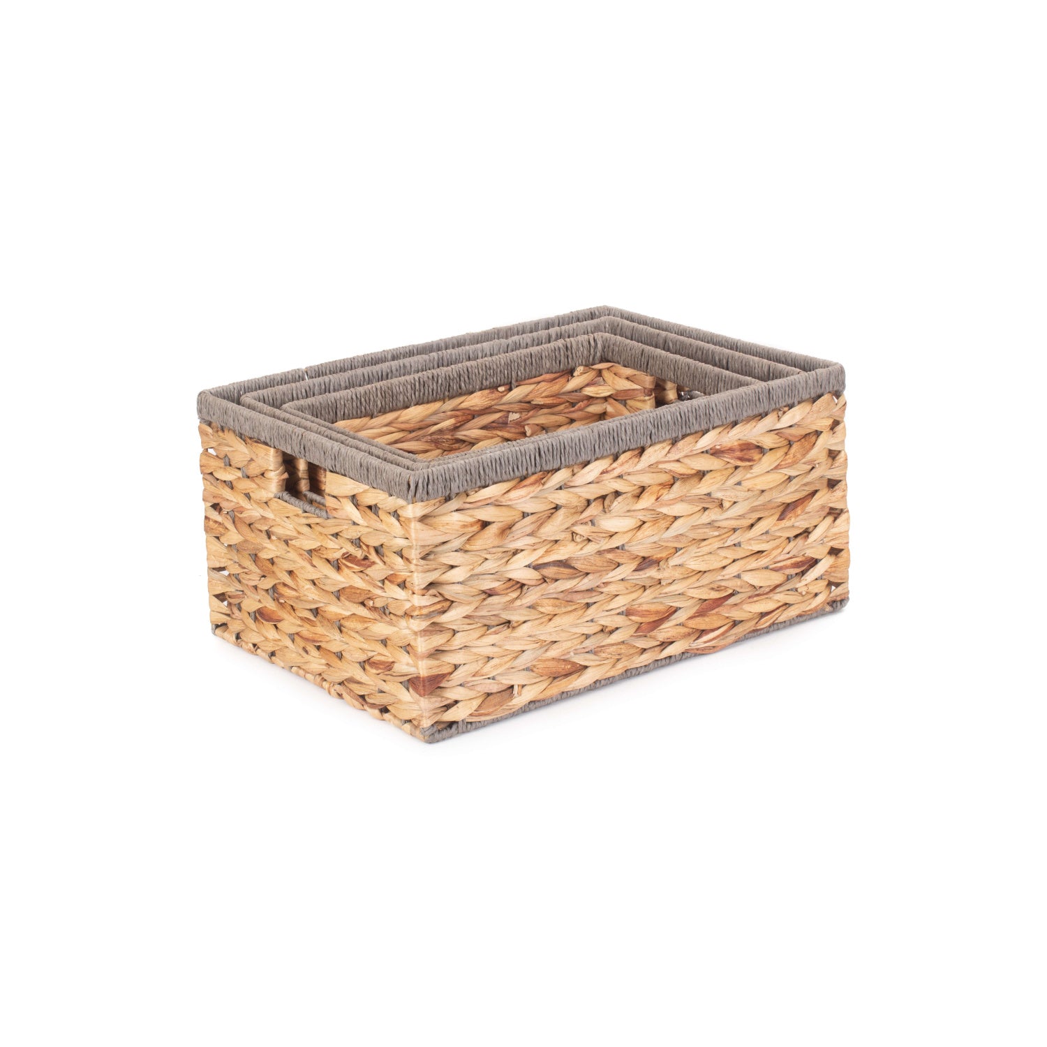 Water Hyacinth Rectangular Storage Basket Set 3 With Grey Rope Border