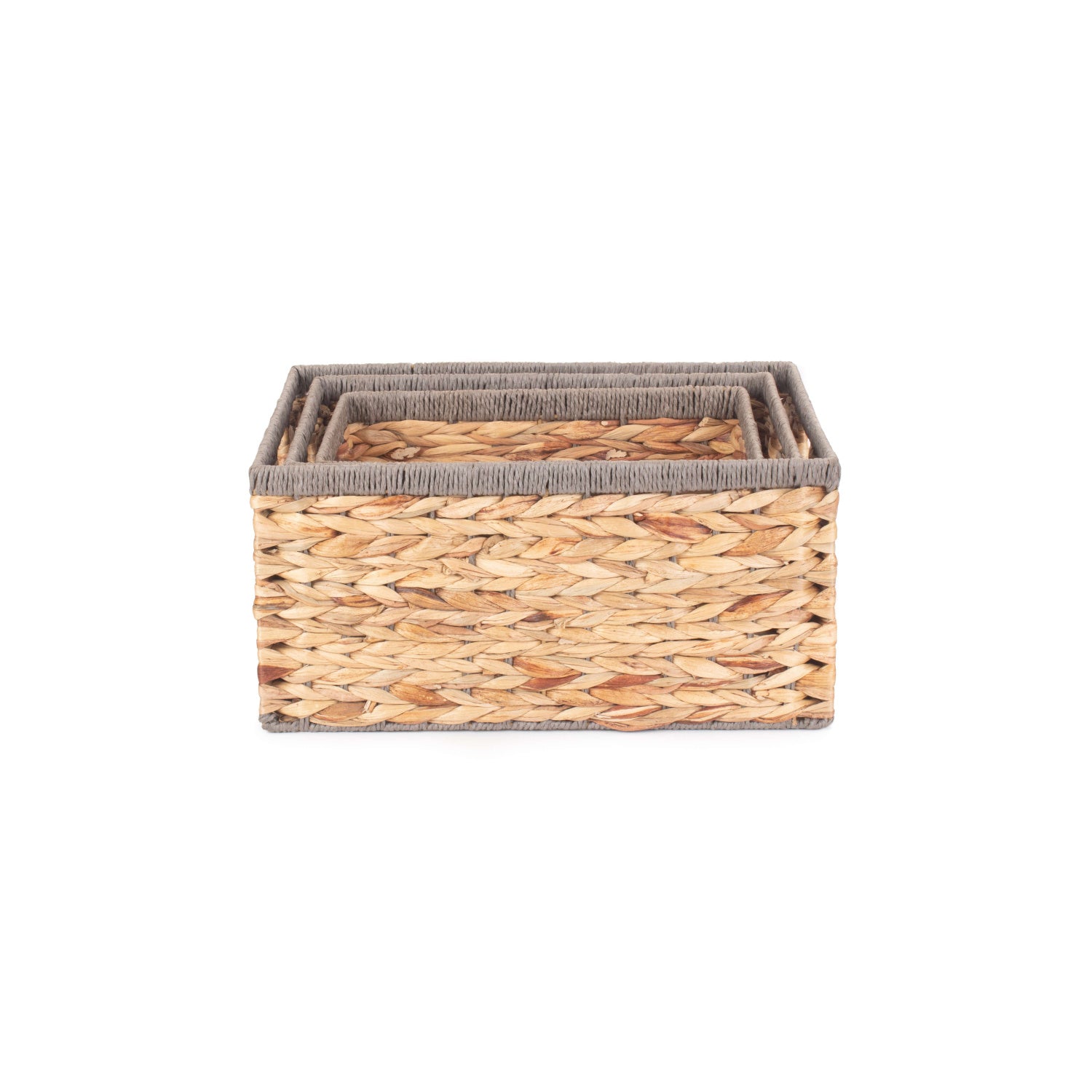 Water Hyacinth Rectangular Storage Basket Set 3 With Grey Rope Border