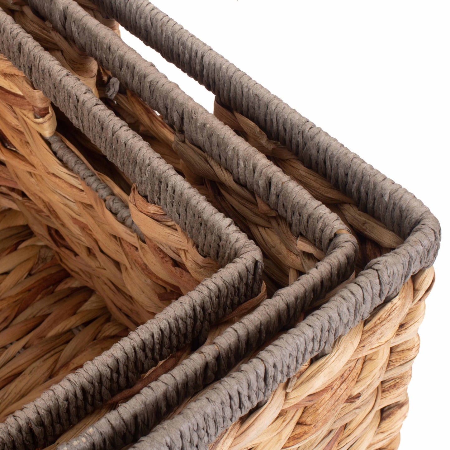 Water Hyacinth Rectangular Storage Basket Set 3 With Grey Rope Border
