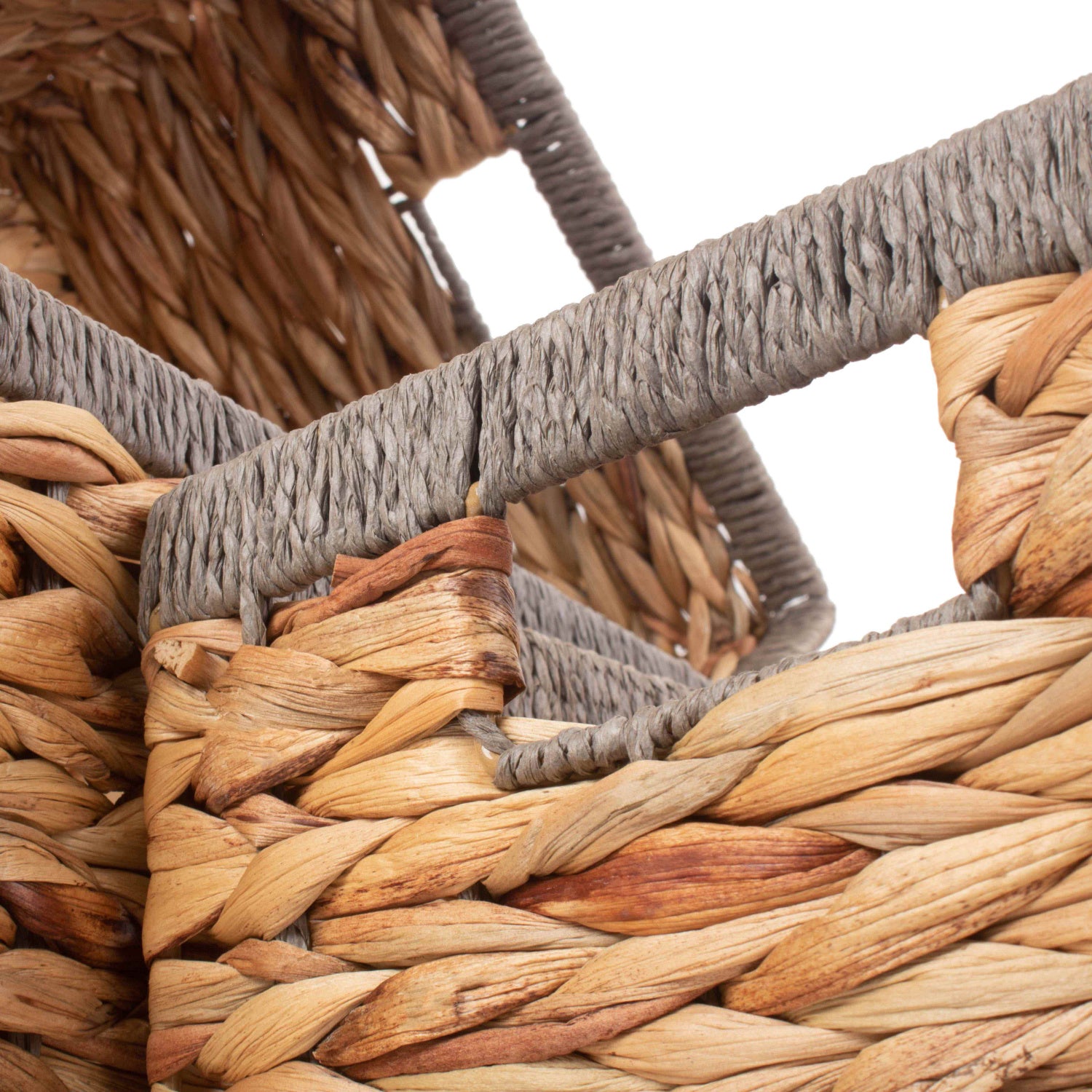 Water Hyacinth Rectangular Storage Basket Set 3 With Grey Rope Border