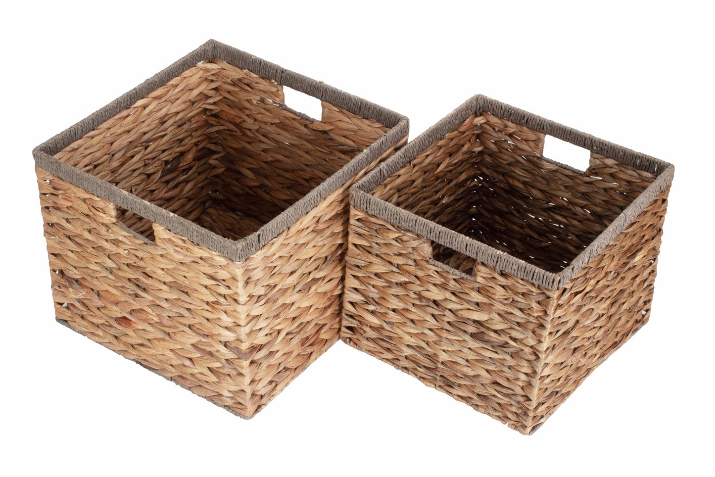 Square Water Hyacinth Storage Baskets With Grey Rope Border Set of 2