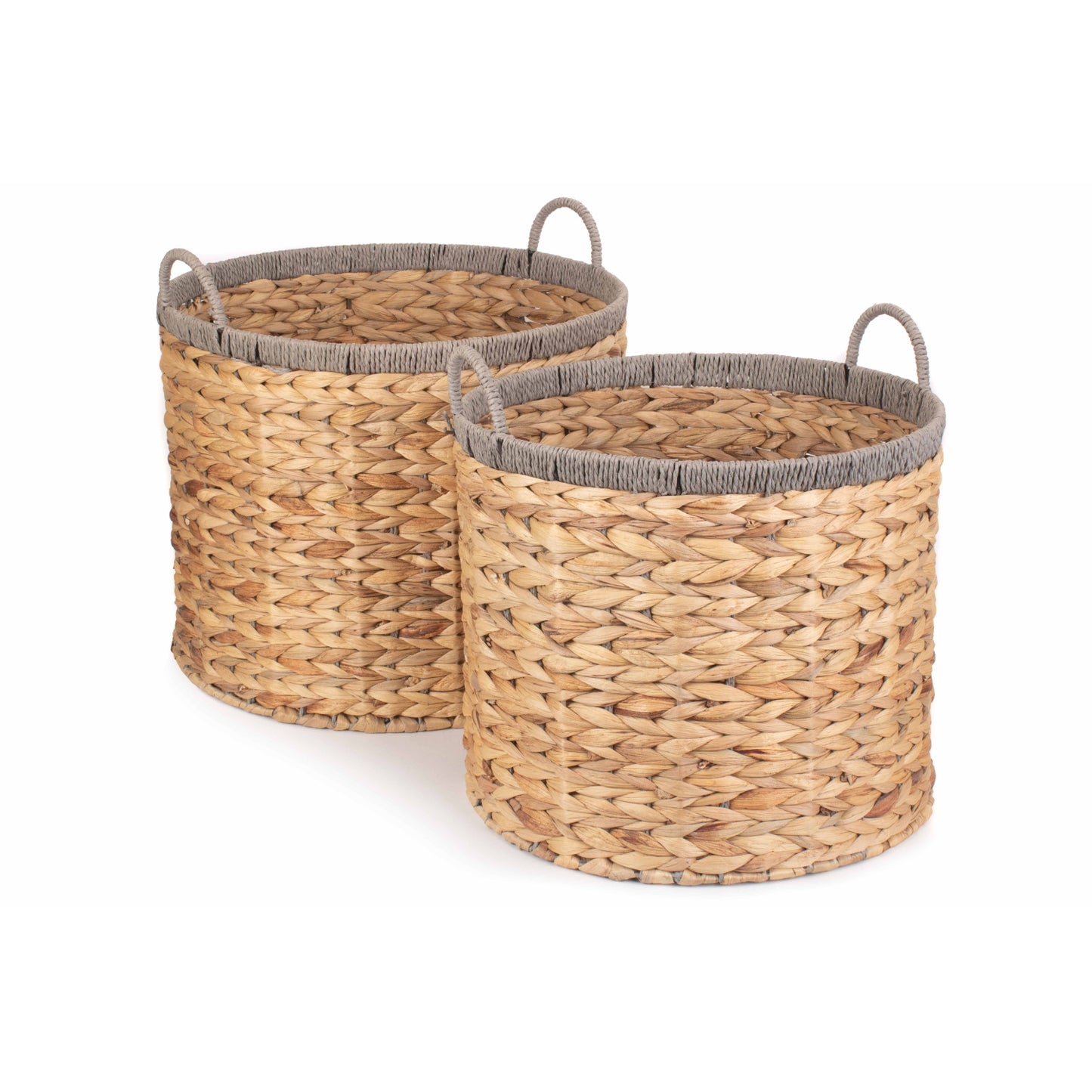 Round Water Hyacinth Storage Baskets With Grey Rope Border Set of 2