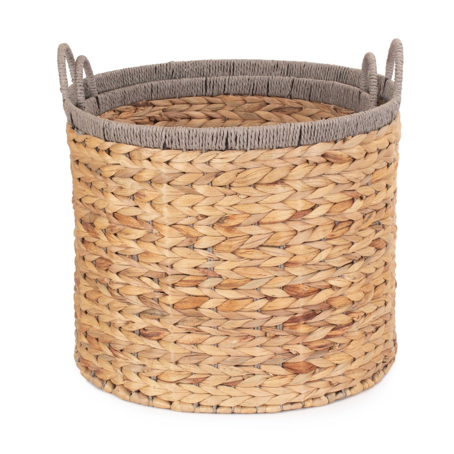 Round Water Hyacinth Storage Baskets With Grey Rope Border Set of 2