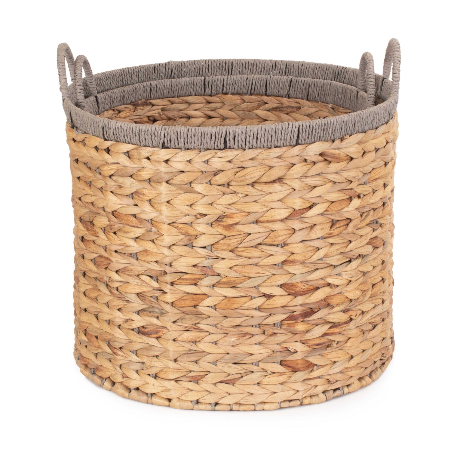 Round Water Hyacinth Storage Baskets With Grey Rope Border Set of 2