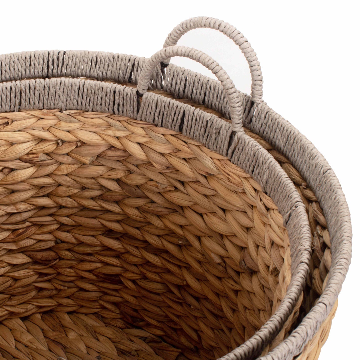 Round Water Hyacinth Storage Baskets With Grey Rope Border Set of 2