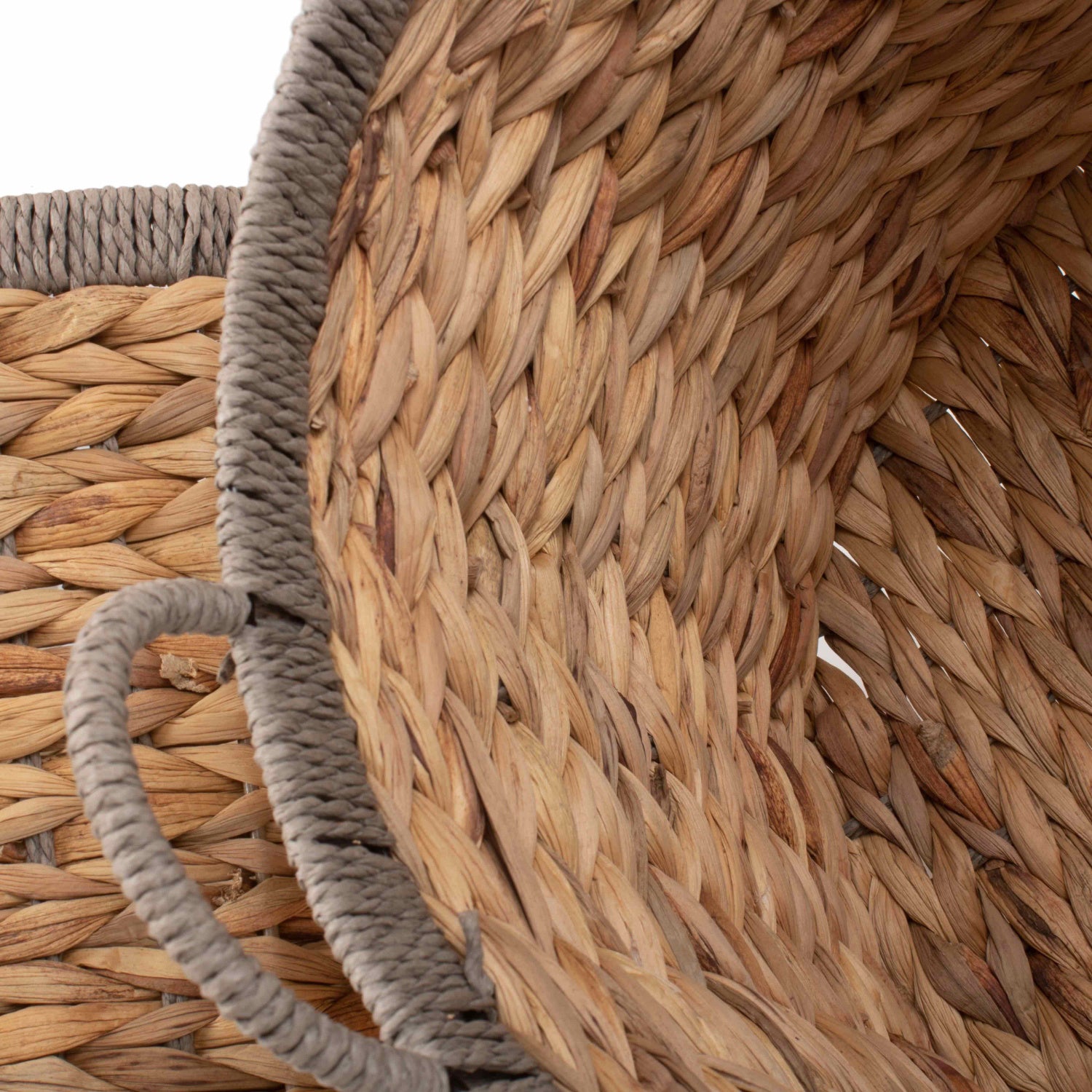 Round Water Hyacinth Storage Baskets With Grey Rope Border Set of 2