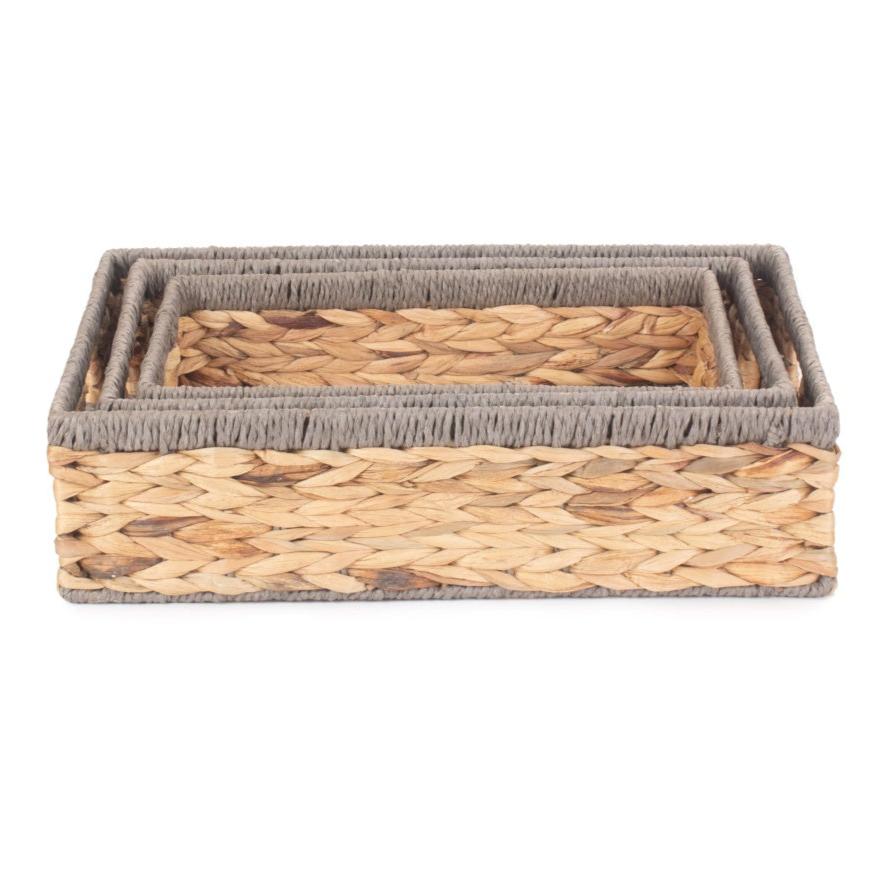Shallow Rectangular Water Hyacinth Storage Tray Baskets Set 3 With Grey Rope Border
