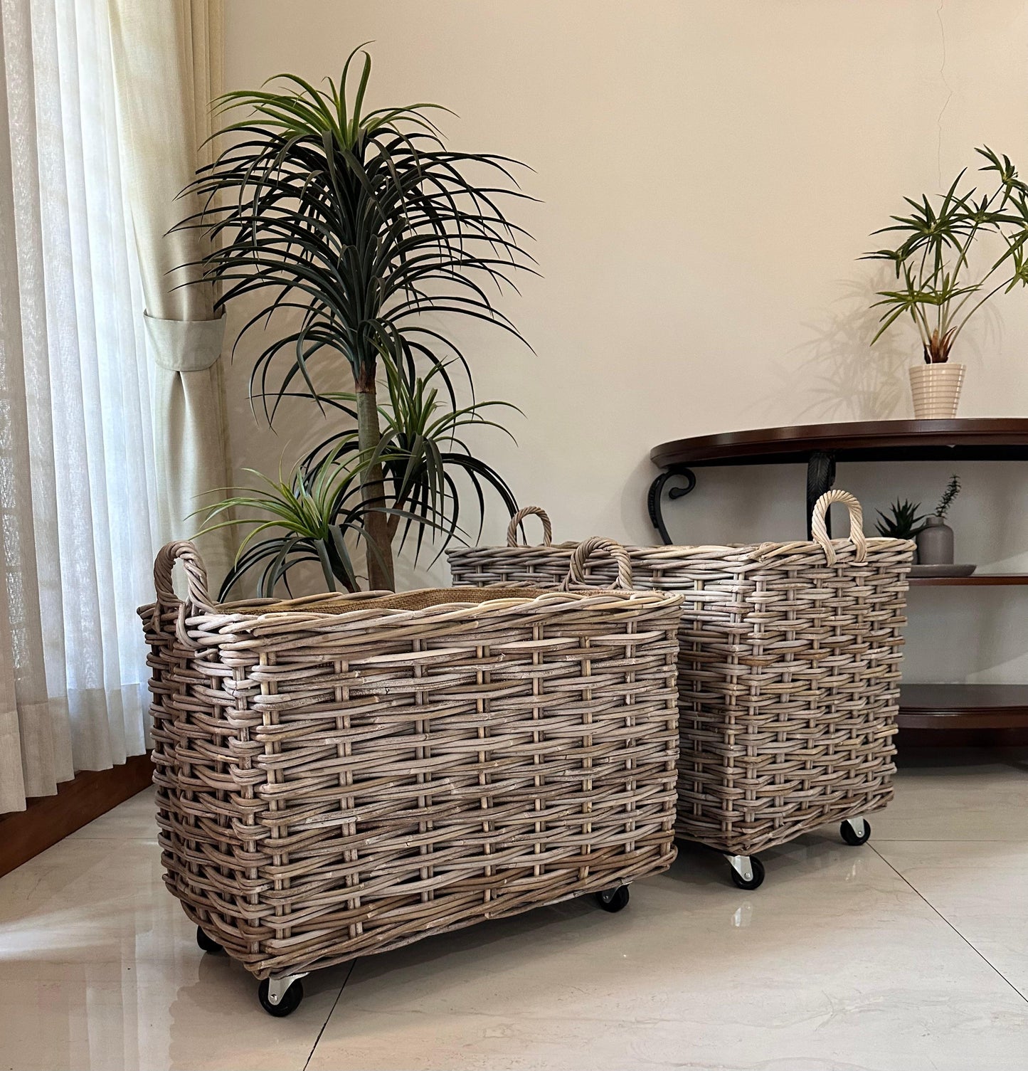 Wovenhill Kubu Rattan Log Baskets with Wheels and Hoop Handles