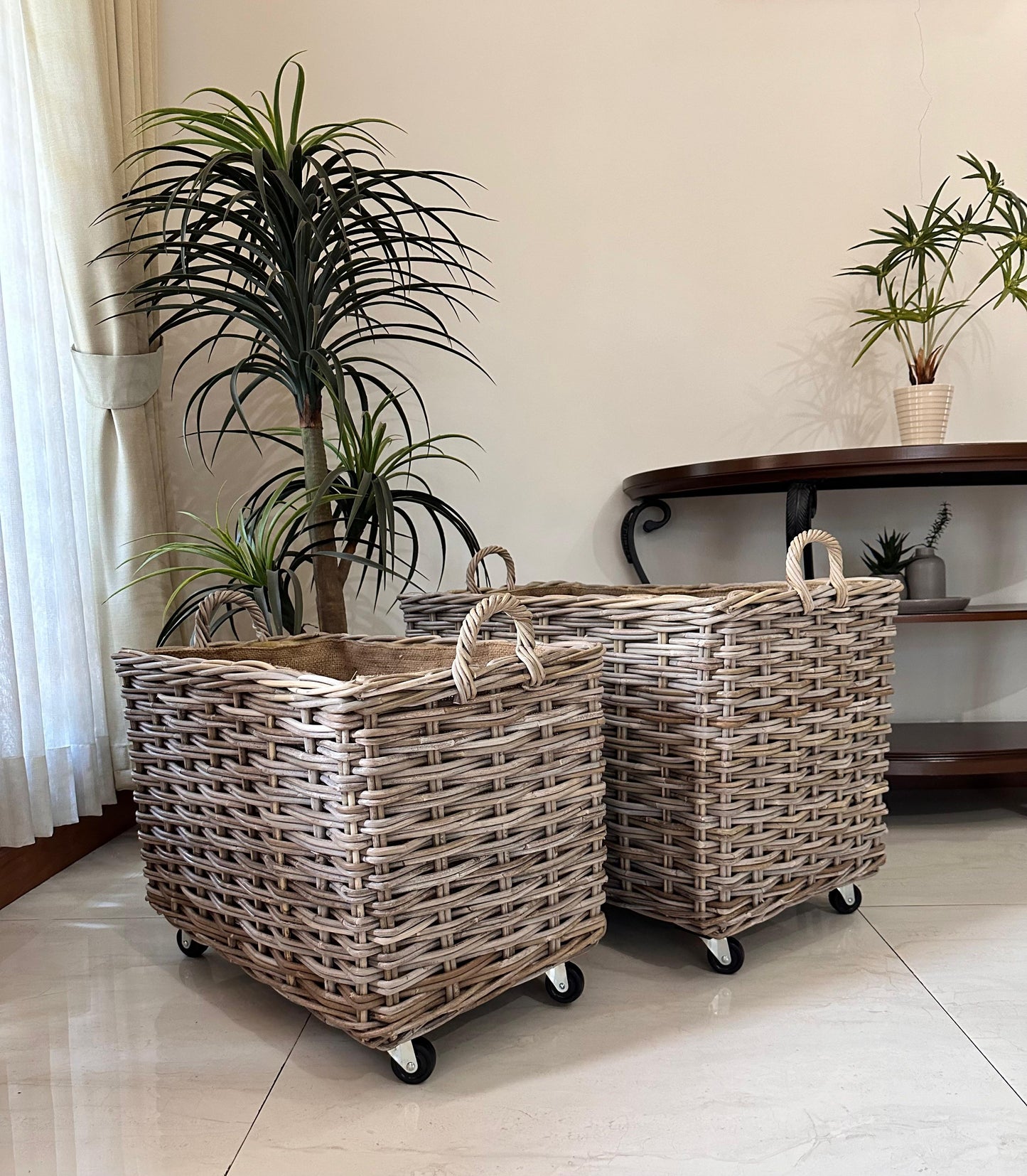 Wovenhill Kubu Rattan Log Baskets with Wheels and Hoop Handles