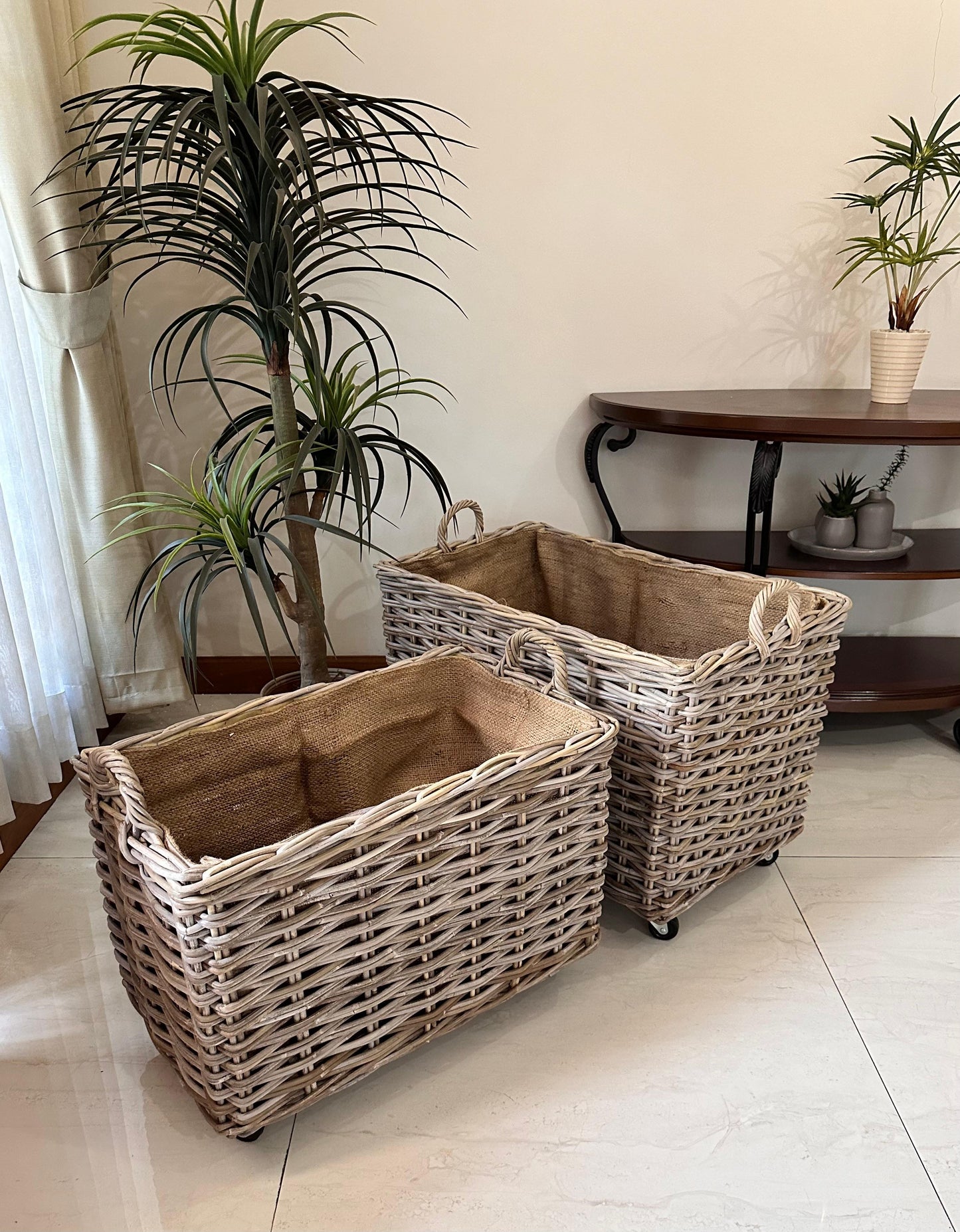 Wovenhill Kubu Rattan Log Baskets with Wheels and Hoop Handles