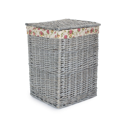 Grey Wash Willow Small Square Laundry Basket with Garden Rose Lining