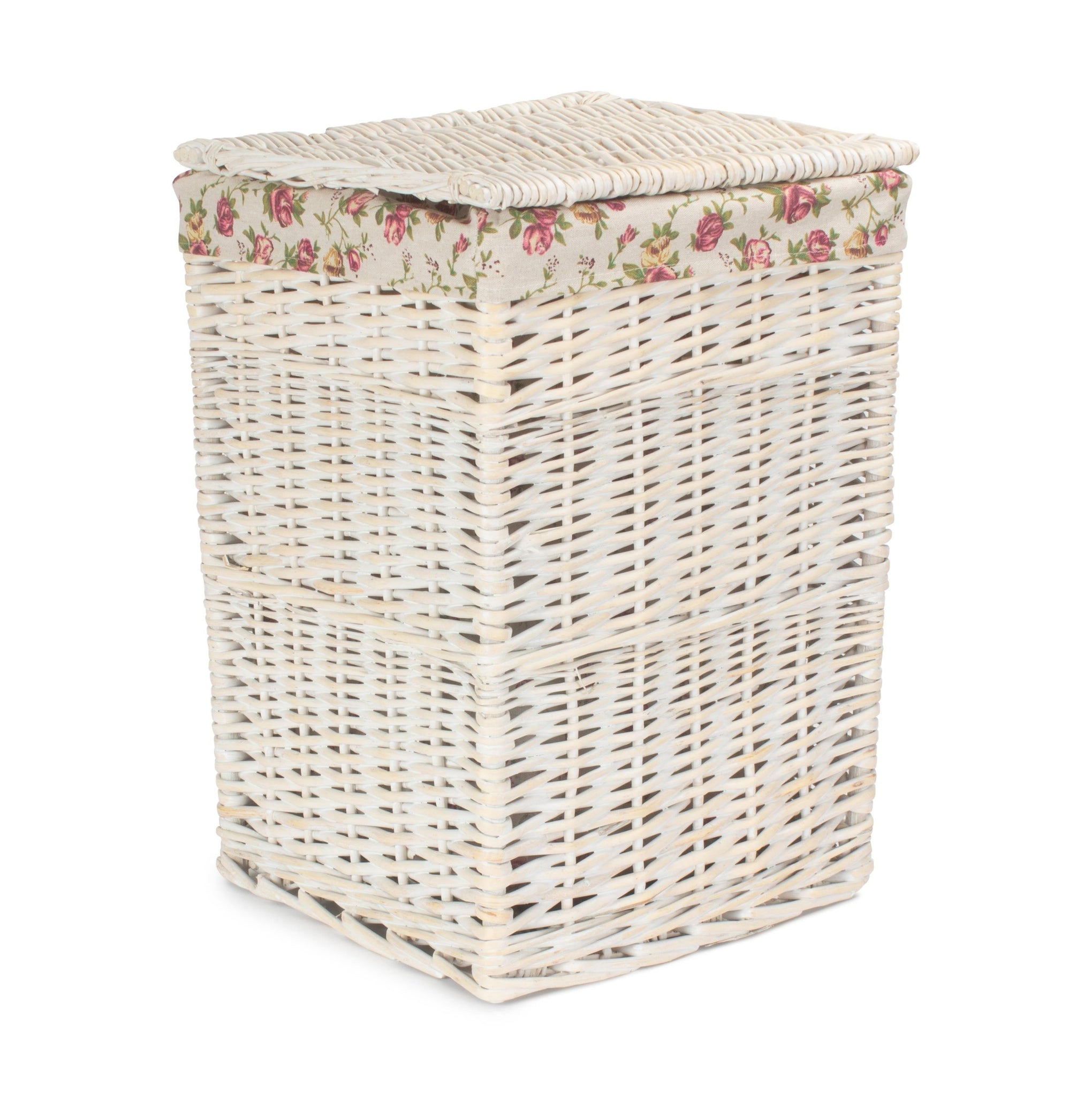 Square White Wash Laundry Hamper with Garden Rose Lining - Small