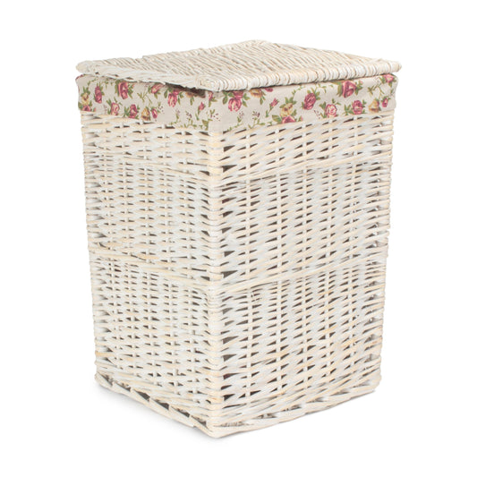 Square White Wash Laundry Hamper with Garden Rose Lining - Small