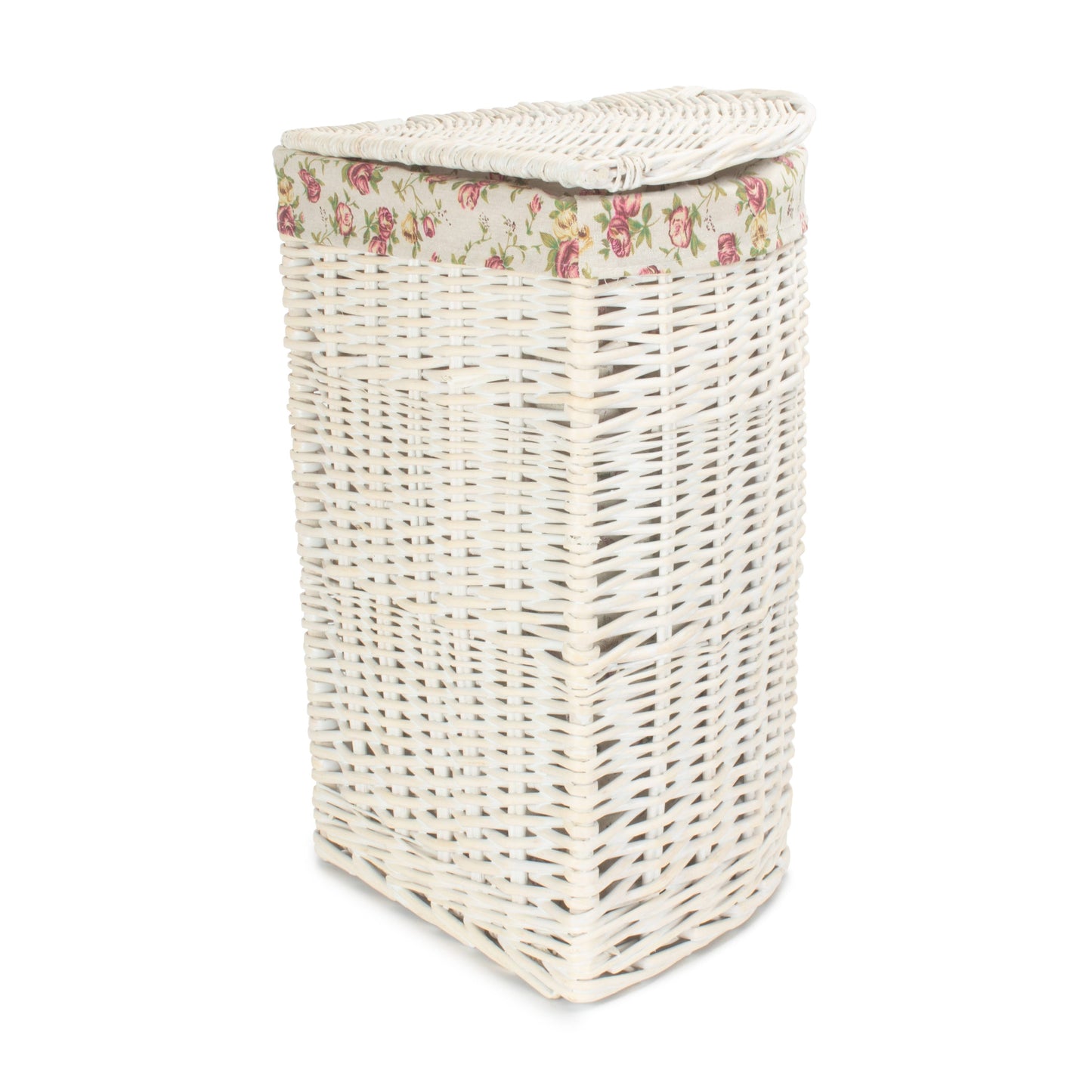 White Wash Willow Corner Laundry Hamper with Garden Rose Lining - Small