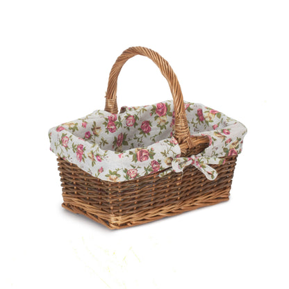 Rectangular Unpeeled Willow Shopper Basket with Garden Rose Lining - Size 1 Small